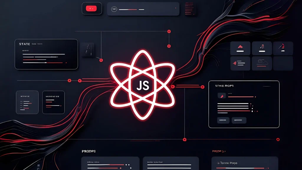 React JS concept showing how State and Props manage data flow and control app behavior with simple code examples.
