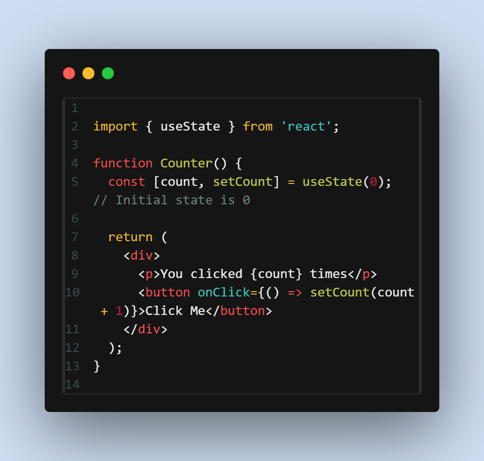  React JS code showing useState hook to update and display click count inside a Counter component.
